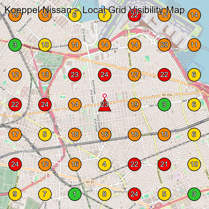 Koeppel Nissan Nissan Dealer GeoGrid ranking map for Jackson Heights NY